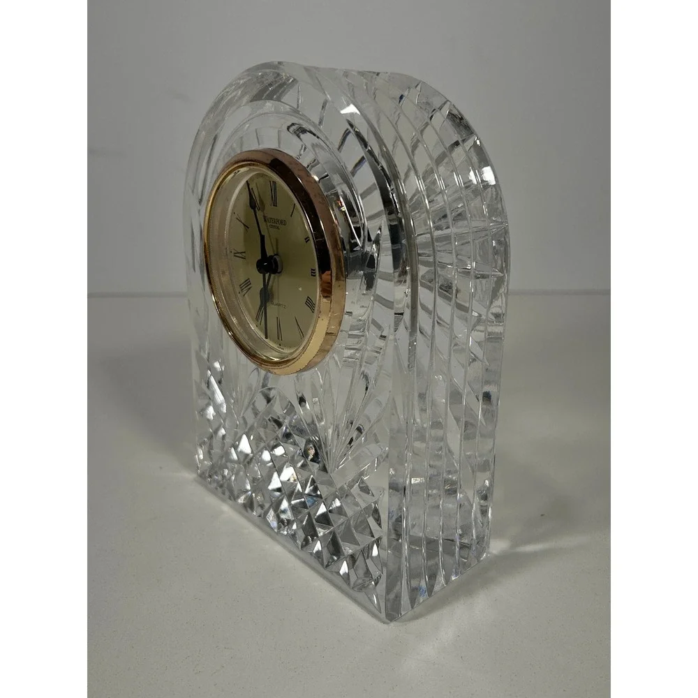 Waterford Crystal Arched Desk Clock Gold Tone Bezel Roman Numeral Quartz Ireland